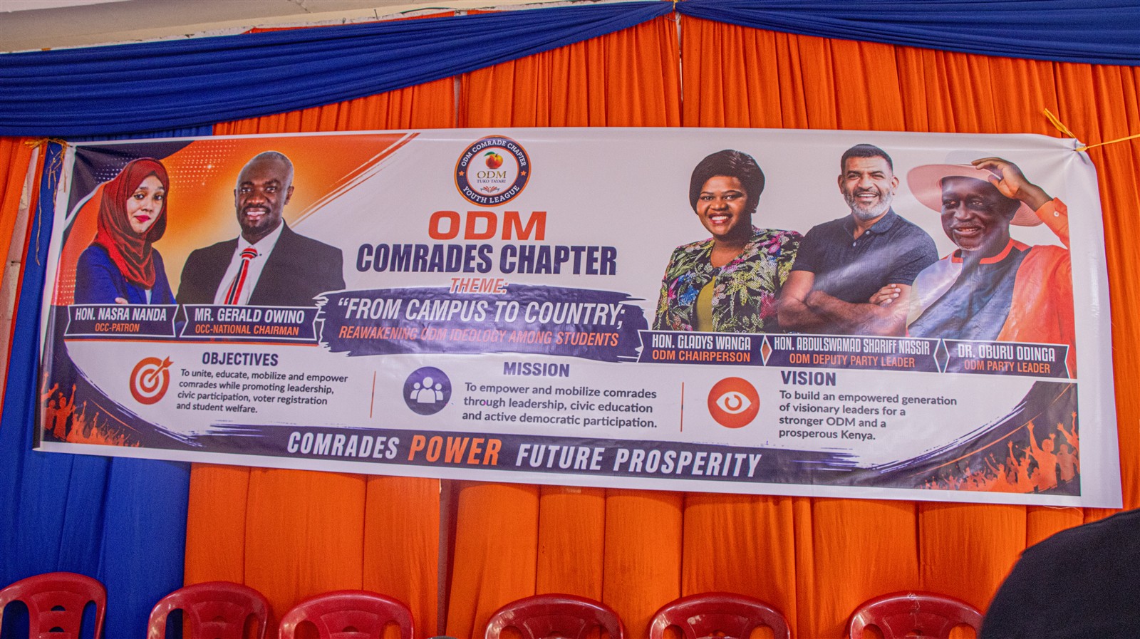 ODM Comrades Chapter Coast Region Launch banner featuring the Patron, OCC National Chairperson, party leaders and chairperson